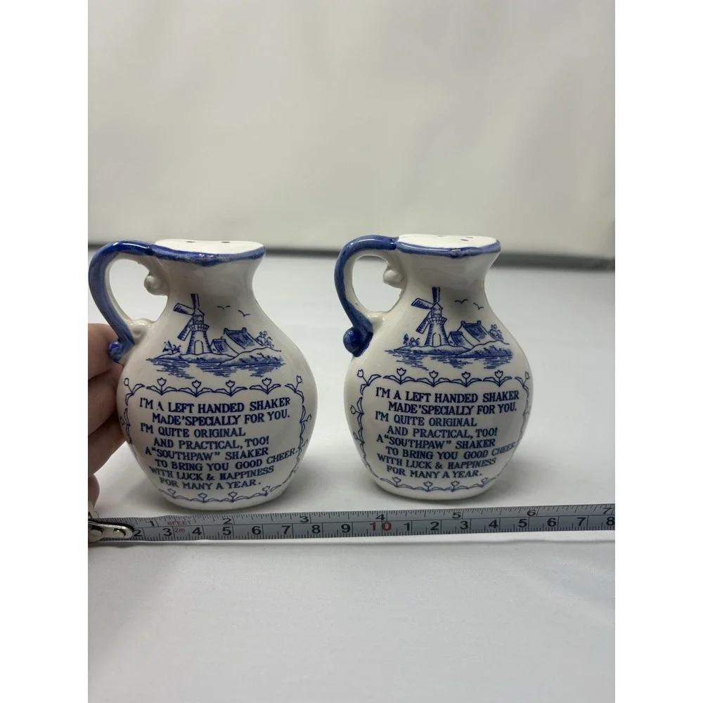 Blue White Left Handed South Paw Salt & Pepper Shakers Boats Vintage Japan